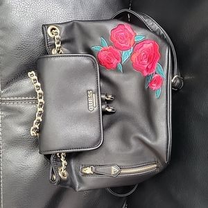 GUESS Black Rose Embroidered Small Backpack w/ Gold Chain
